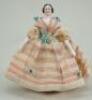 Rare small glazed china shoulder head doll with wooden body, German circa 1840,