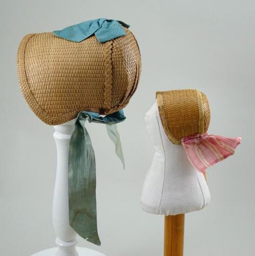 Two early woven straw poke doll bonnets, English 1840s,