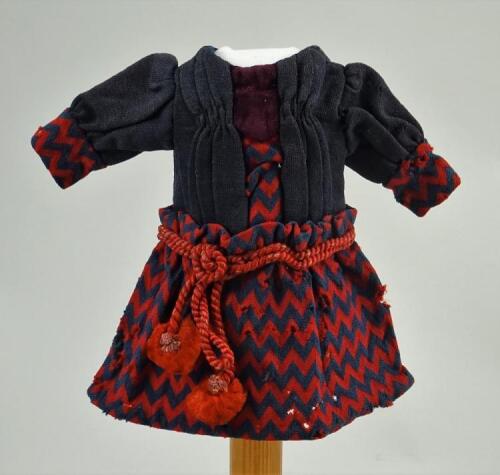 A good original red and navy dolls dress for size 2 French Bebe, circa 1880,