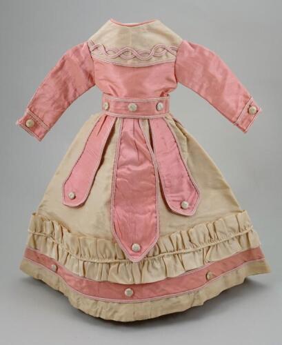 A good 1870s style cream and pink silk French fashion dolls dress,