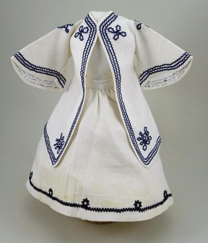 A good 1850s-60s style white pique French fashion dolls dress and panniers,