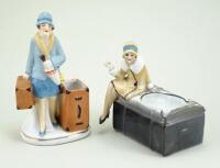 Glazed china Flapper vesta holder and cigarette holder/ashtray figurines, 1920s,