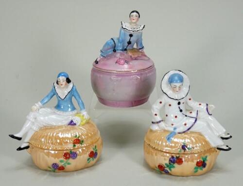 Glazed china Pierrot and Pierrette dressing table boxes, 1920s,
