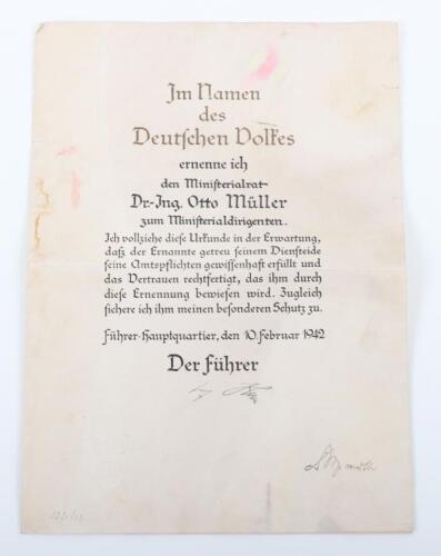 WW2 German Promotion Citation of Dr of Engineering Otto Muller, Involved in the V2 Rocket Programme