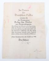 WW2 German Promotion Citation of Dr of Engineering Otto Muller, Involved in the V2 Rocket Programme