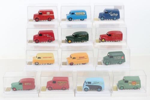 Thirteen repainted Dinky Delivery vans