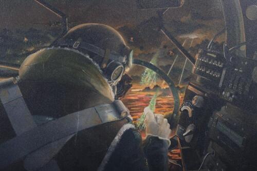 Oil Painting of RAF Bomb Aimer on Mission Over Berlin, Used as front cover image of Alan W Coopers Book “Bombers Over Berlin”