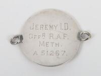 Identity Disc of Flight Lieutenant Ithel David Jeremy DFC, Killed Whilst Serving with 305 (Polish) Squadron September 1941