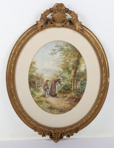 Edward A Swan, watercolour of mother and daughter picking flowers