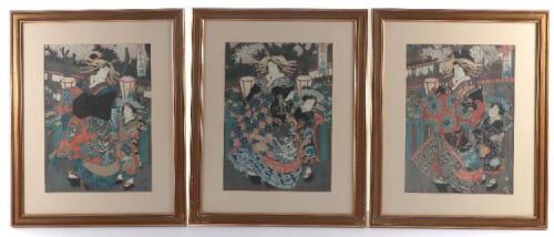 Three 19th century Japanese woodblock prints, in the style of Kunisada,