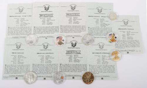Nine USA silver Eagle coins