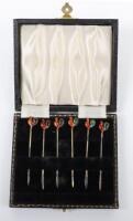 A set of silver and enamel cockerel cocktail sticks, Adie Brothers, Birmingham 1979