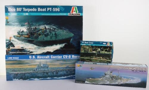 Italeri 1:35 scale Torpedo boat and two Trumpeter model kit Battleships