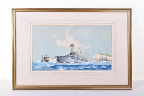 J.H. Batchelor, watercolour, of a battleship against shoreline