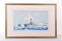 J.H. Batchelor, watercolour, of a battleship against shoreline