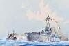 J.H. Batchelor, watercolour, of a battleship against shoreline - 2