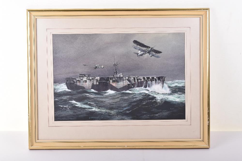 R Siger, watercolour, Swordfish squadron flying around HMS Ark Royal