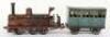A rare C.R (Rossignol) tinplate 0-6-0 clockwork floor train &lsquo;Ouest&rsquo; and passenger coach, French circa 1890 - 3