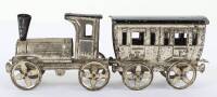 Early Meier pressed tinplate locomotive and carriage penny toy, German circa 1900