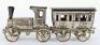 Early Meier pressed tinplate locomotive and carriage penny toy, German circa 1900