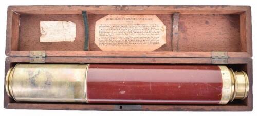 ^ 2 drawer brass telescope with mahogany barrel 14.75”, engraved Richardson London